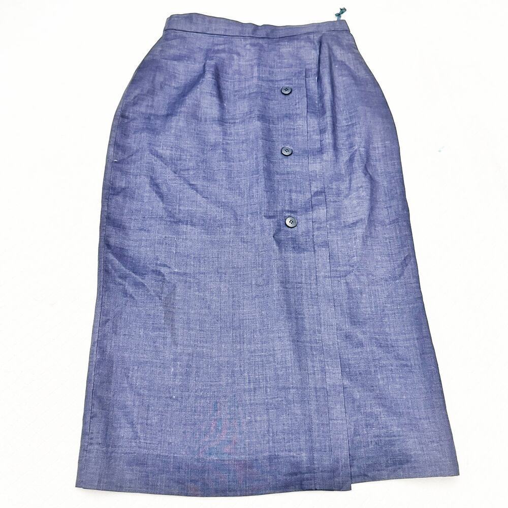 Oleg Cassini Blue Midi Pencil Skirt Button Front 100% Ramie Lined Size 8